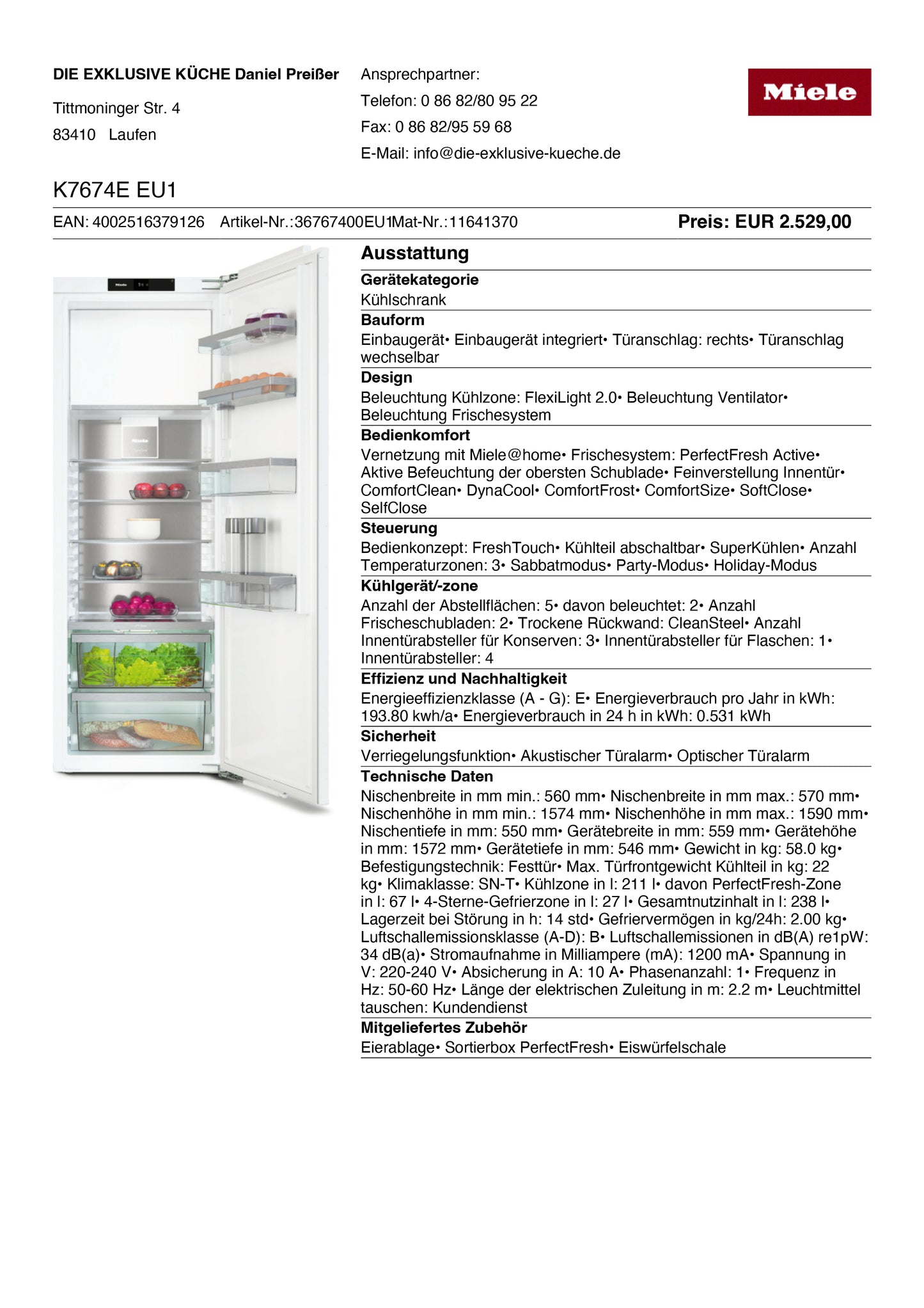Abverkauf Miele Ausstellungsgerät: Einbau-Kühlschrank K 7674 E