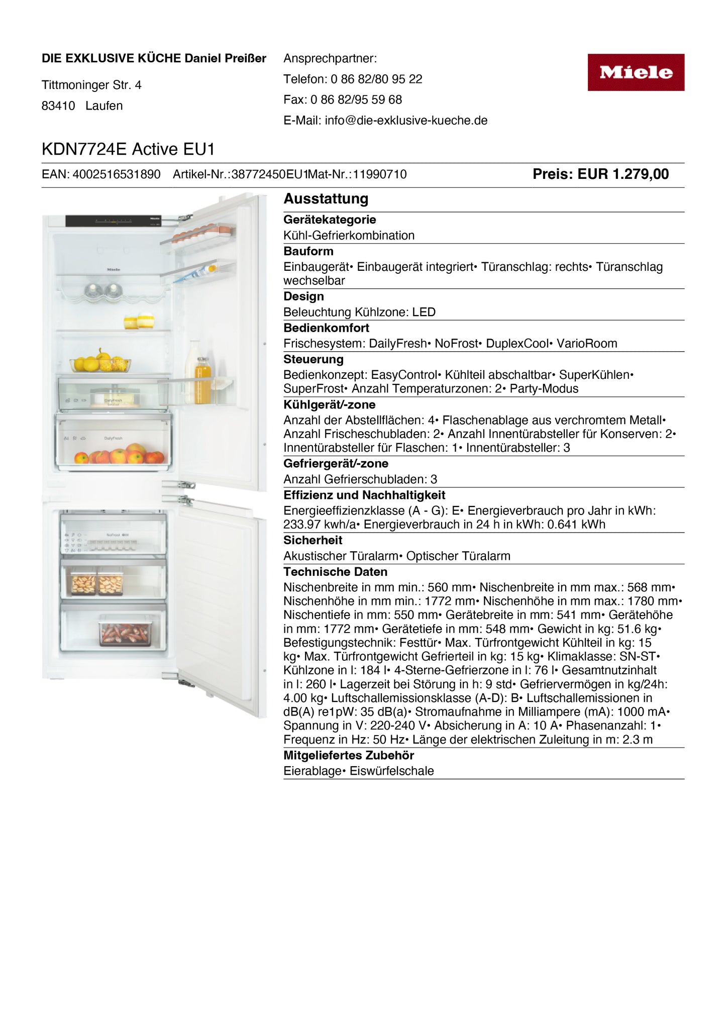 Abverkauf Miele Ausstellungsgerät: Einbau-Kühl-Gefrierkombination KDN 7724 E