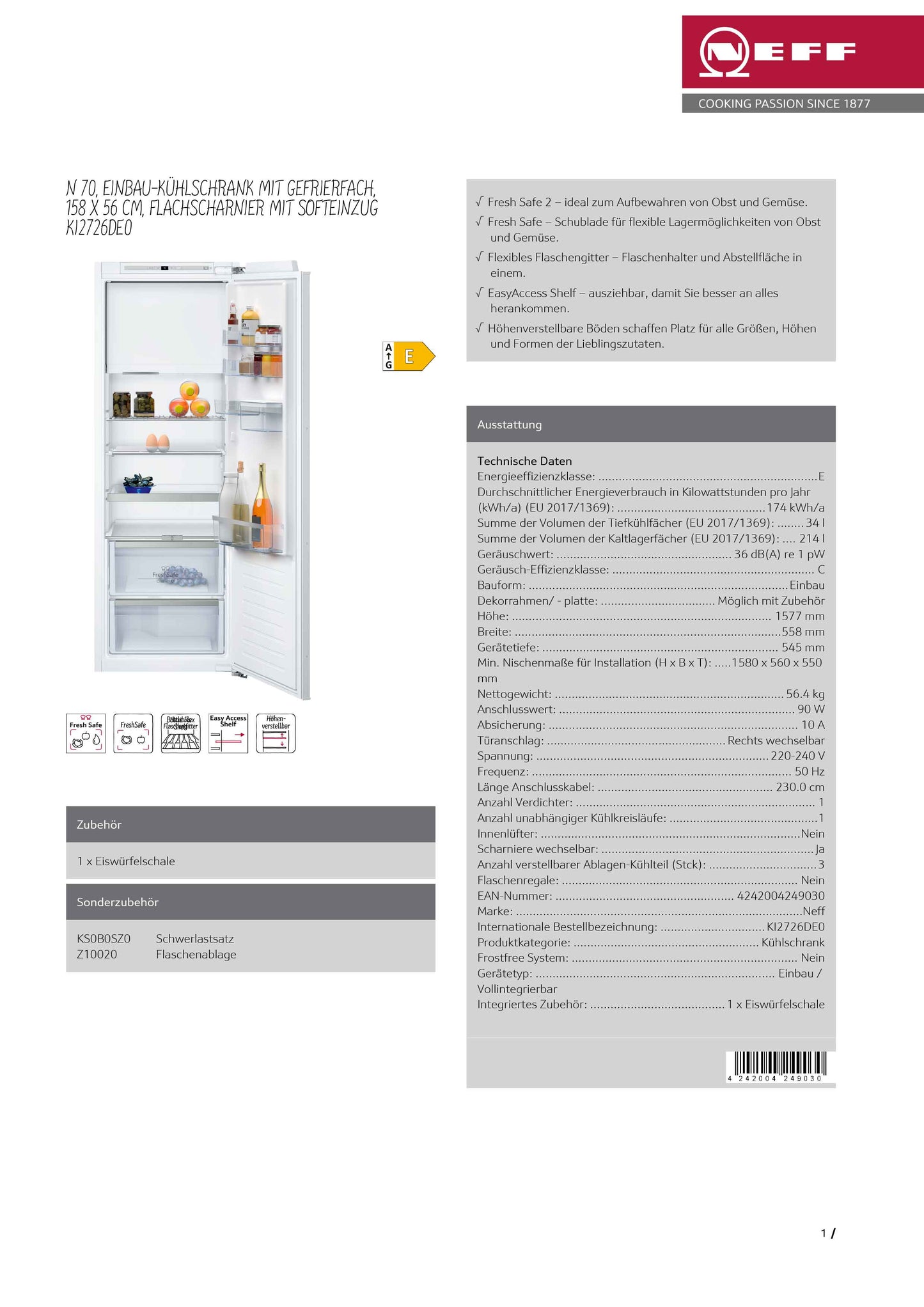 Neff Einbau-Kühlschrank mit Gefrierfach KI2726DE0